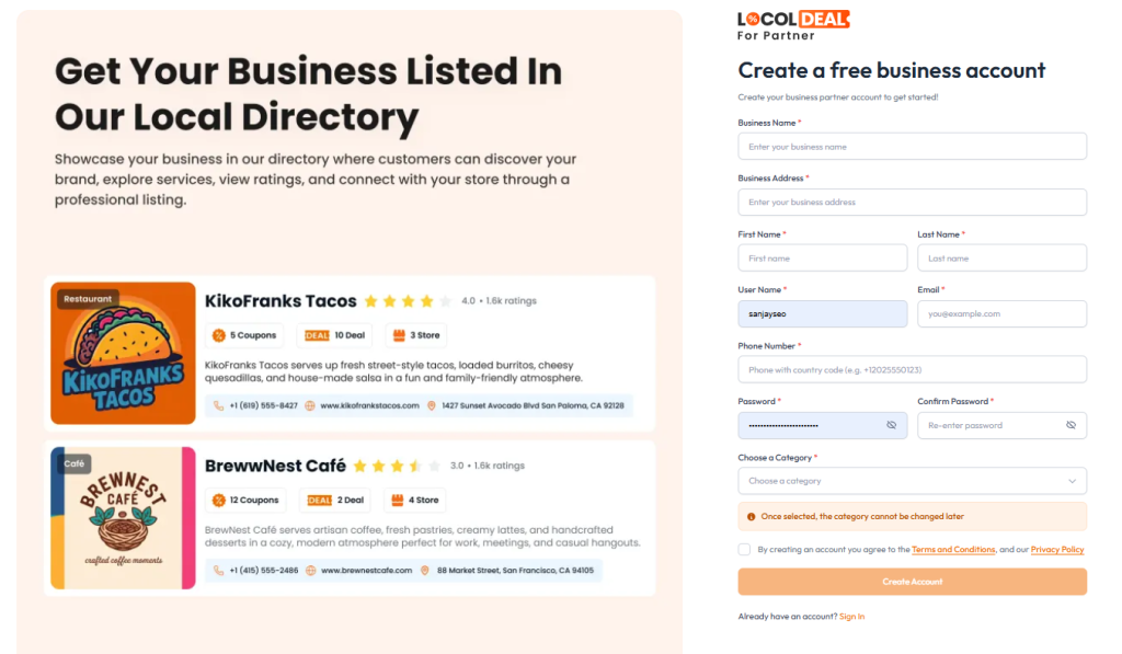 Sign up for a business account on LocolDeal