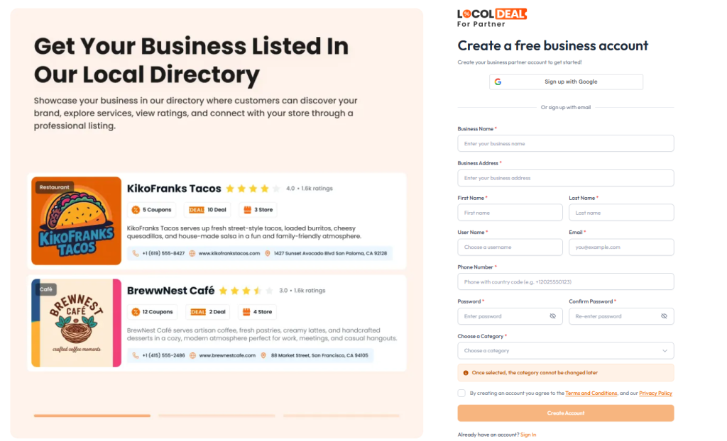 Sign up as a Business with Locoldeal