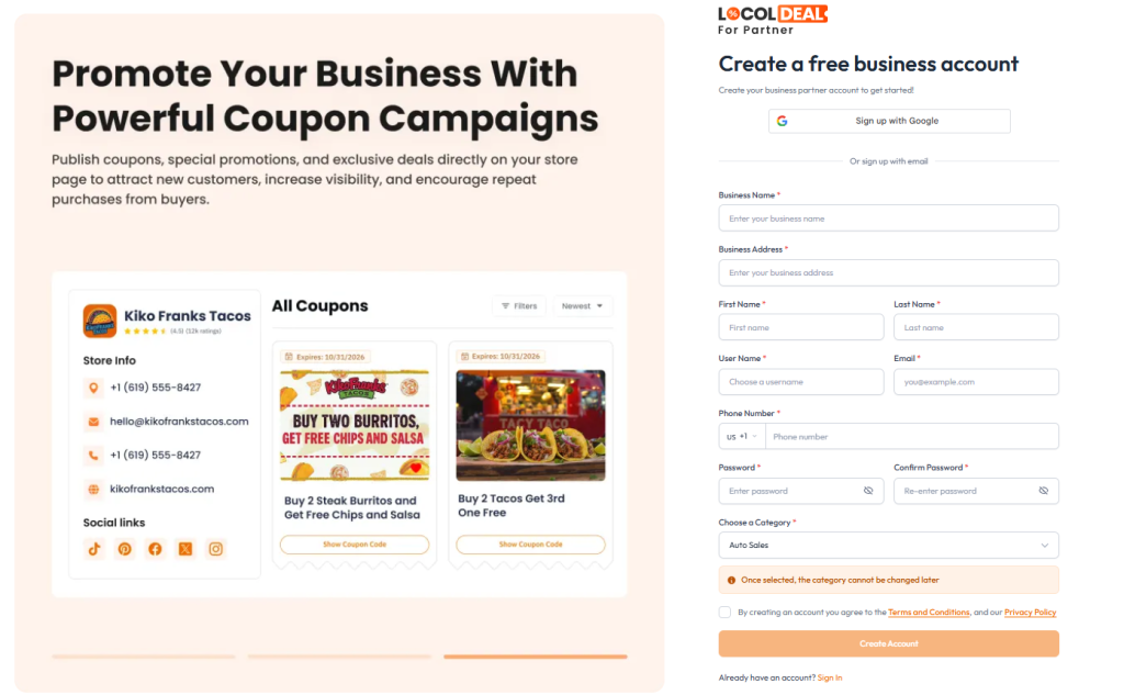 Free Business signup page LocolDeal