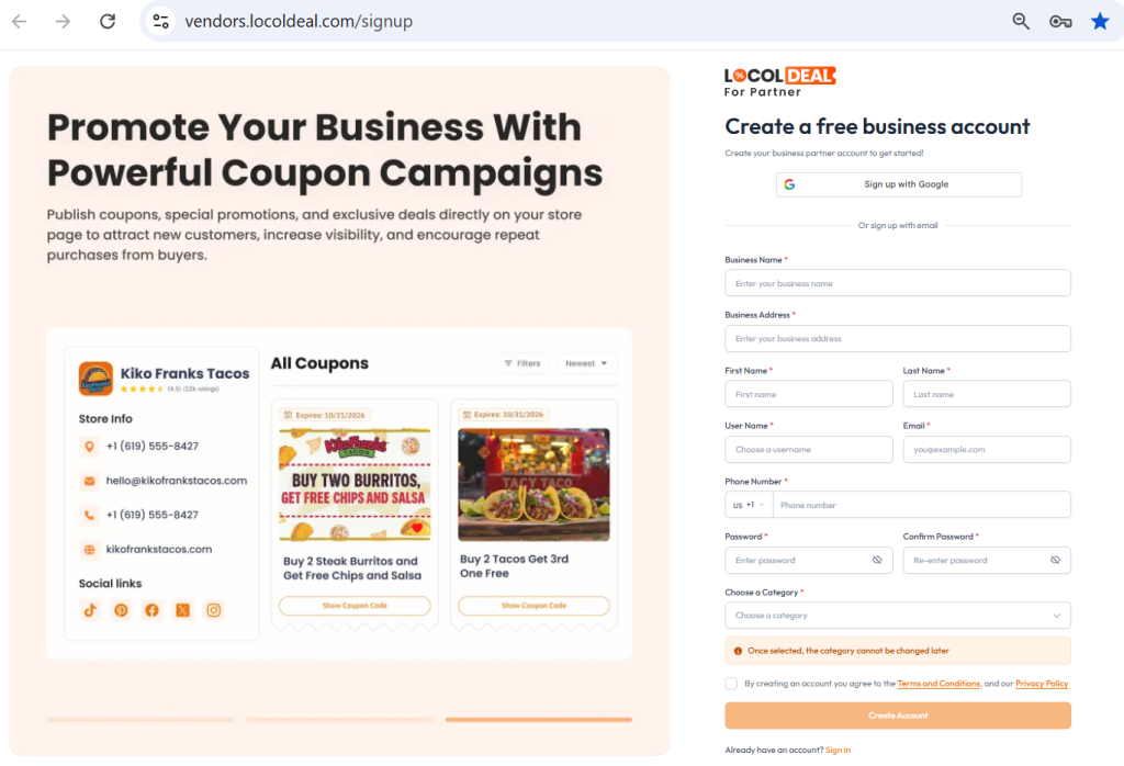 LocolDeal Vendors Signup page