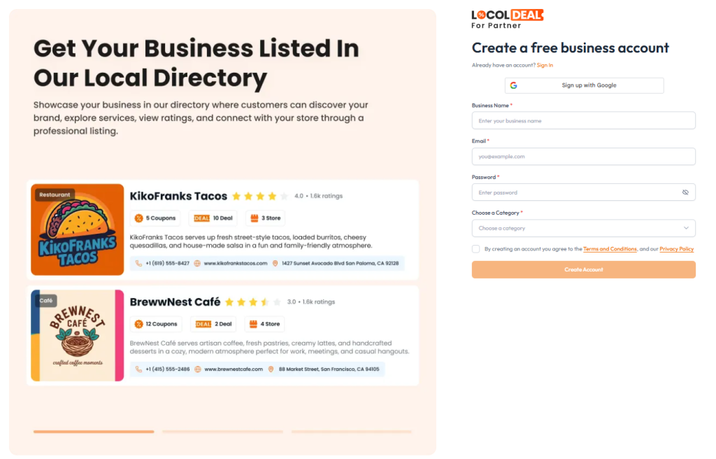 LocolDeal vendor Signup page