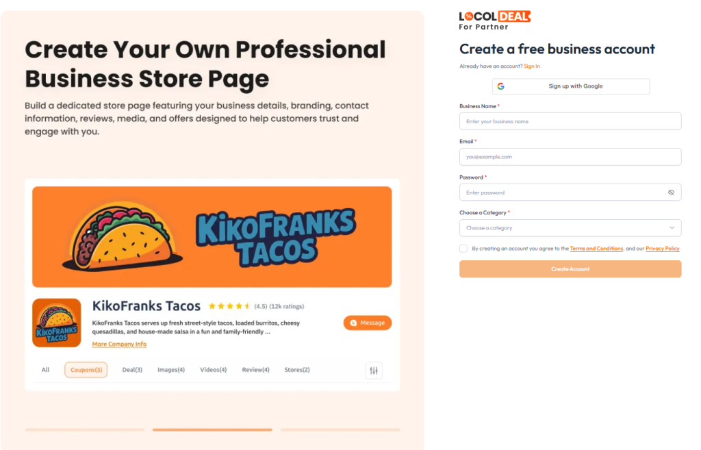 Create a free business account for vendor