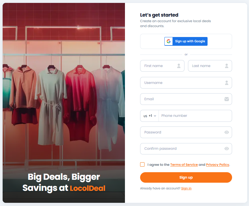 Free Business signup page with LocolDeal