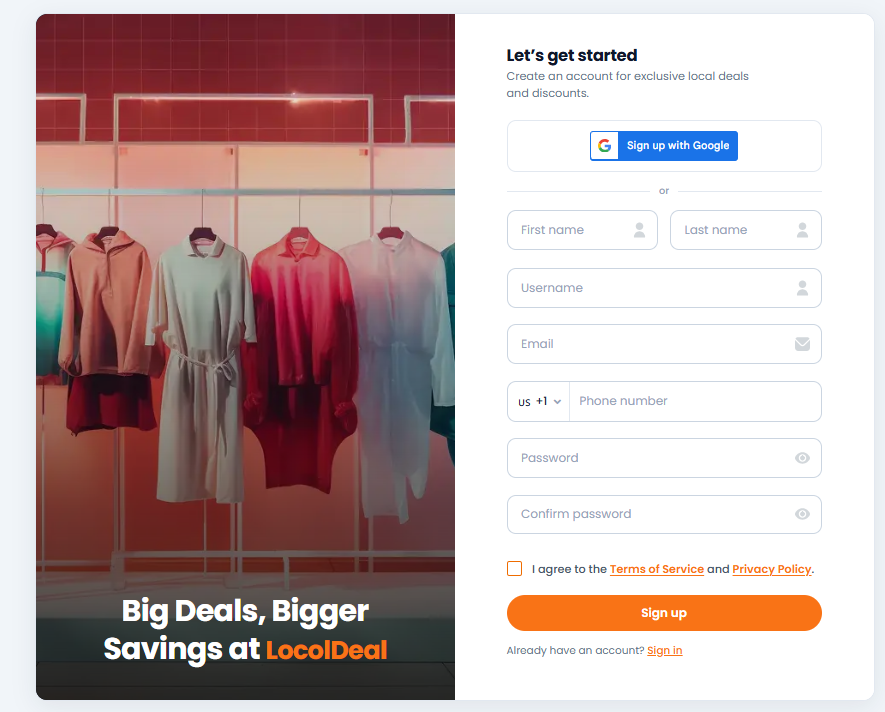 Customer Signup page