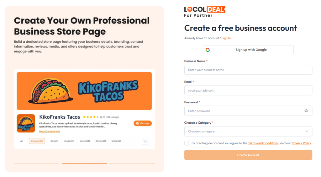 LocolDeal Vendor Signup page
