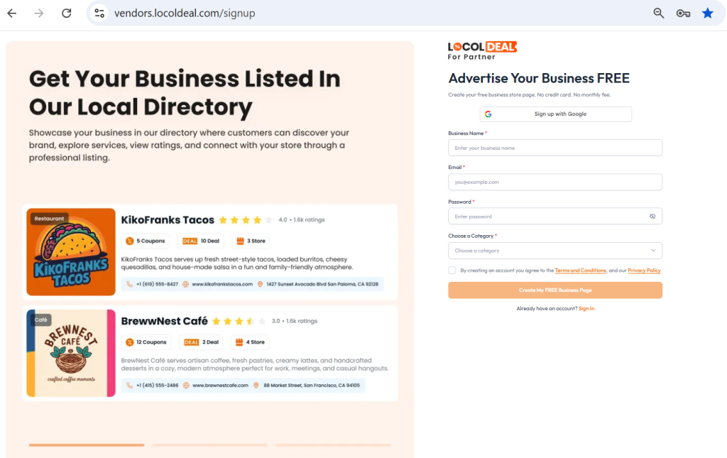 Free Advertising in Miami and Signup page