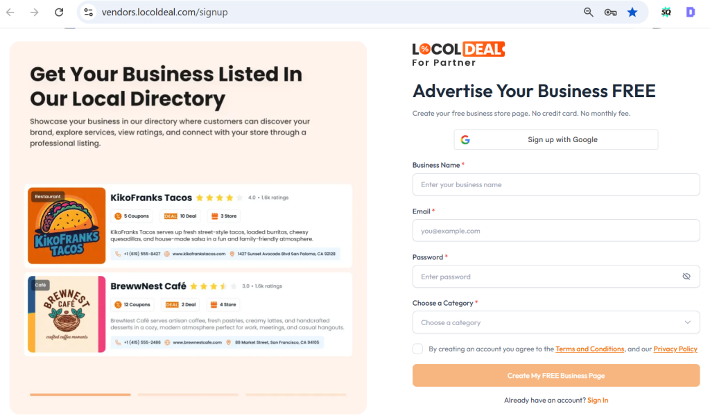 Sign up free as a vendor with LocolDeal