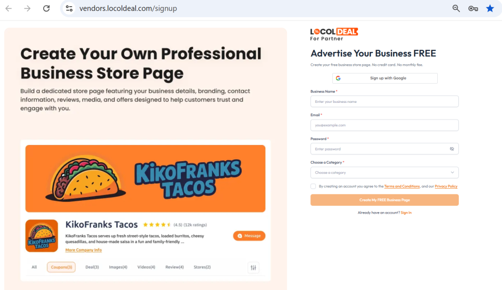 Local Business Listings Signup for Vendors